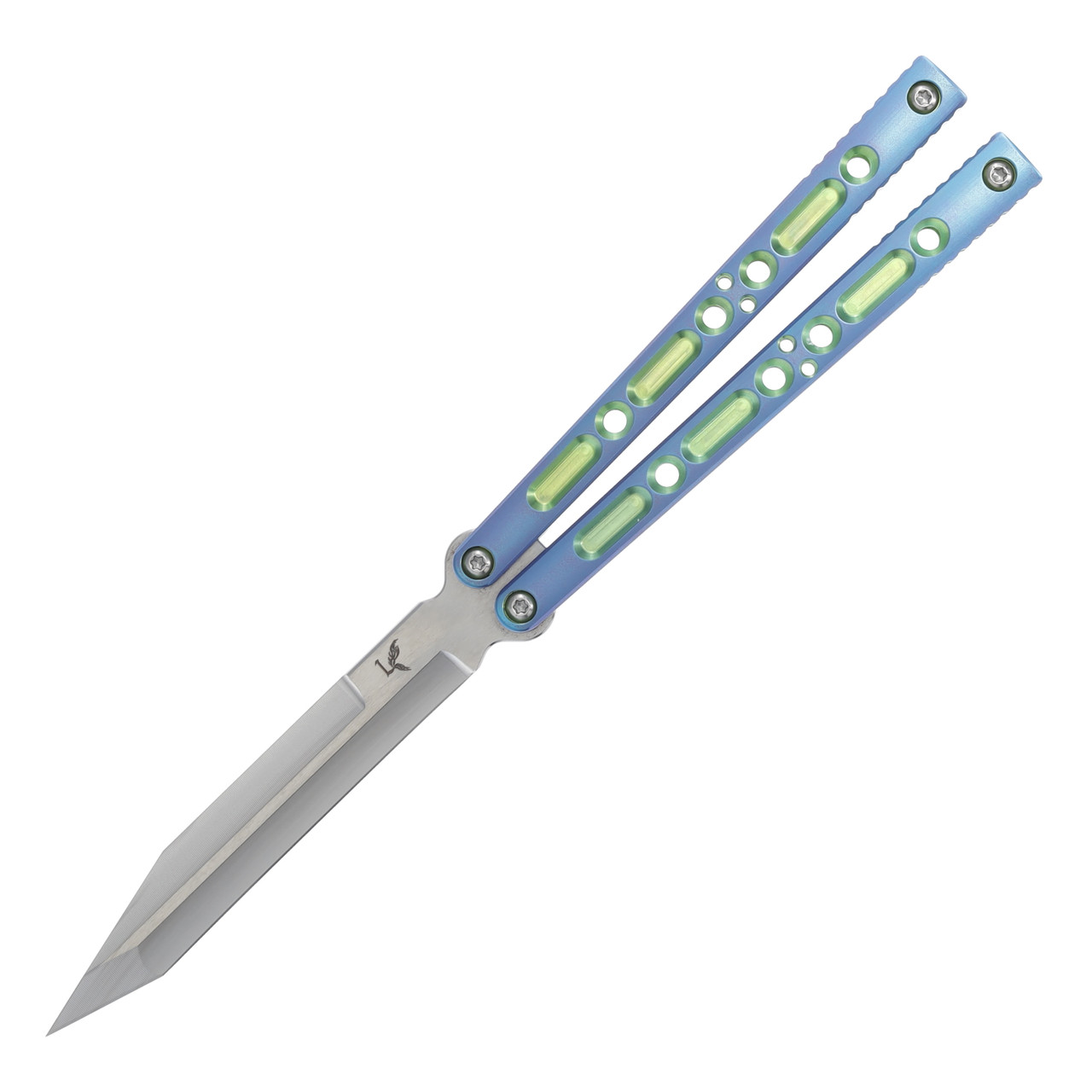 CLV23 Lovins Customs Strix Balisong  Blue Anodized Titanium Handle with Green Ano Inserts S35VN Tanto Blade