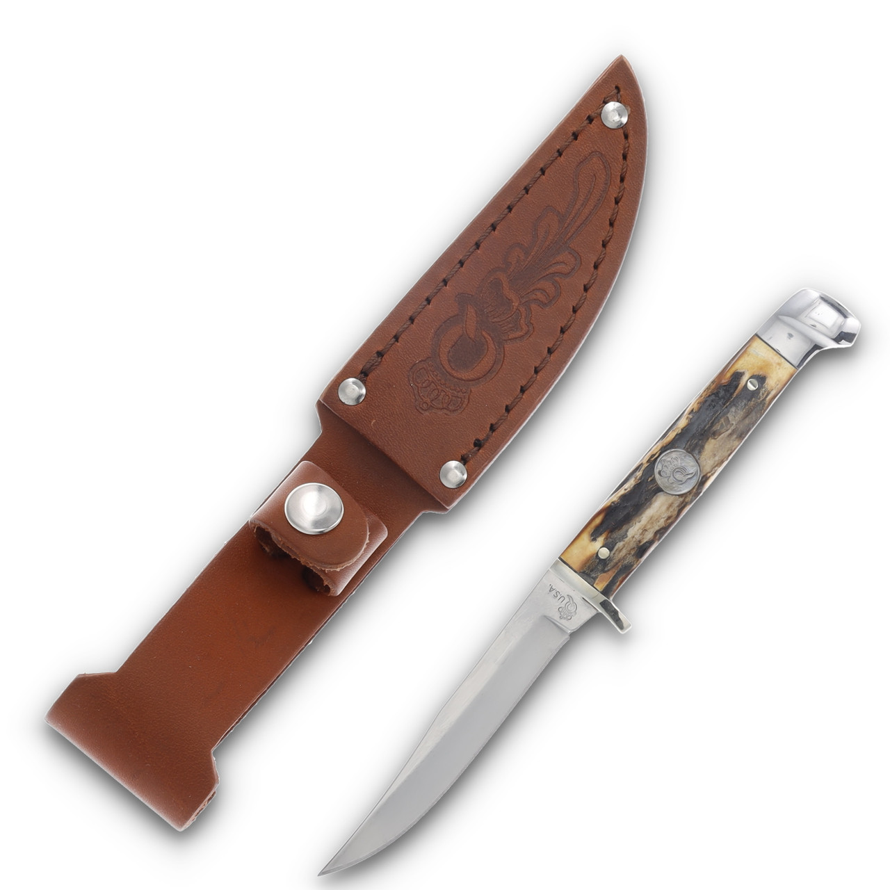 Queen USA Burnt Stag Horn Small Hunter Fixed Blade Knife QGSH63
