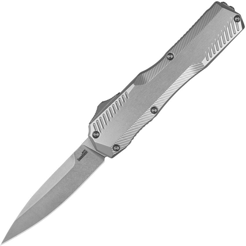 Kershaw Livewire OTF Auto Knife Raw Aluminum - 3.3in Stonewashed Spear Point S/E Plain AUKS9000RAW