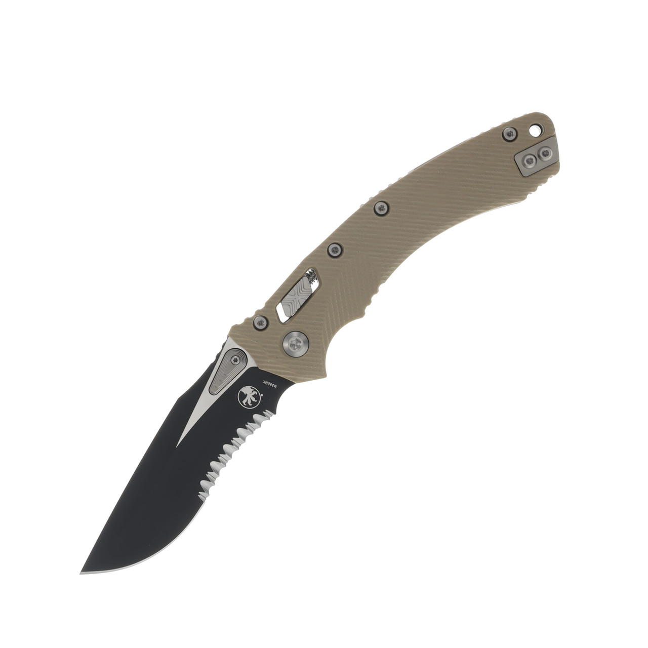 Microtech Amphibian RAM-LOK Fluted Tan G10 3.9in Black Part Serrated MT137RL2FLGTTA