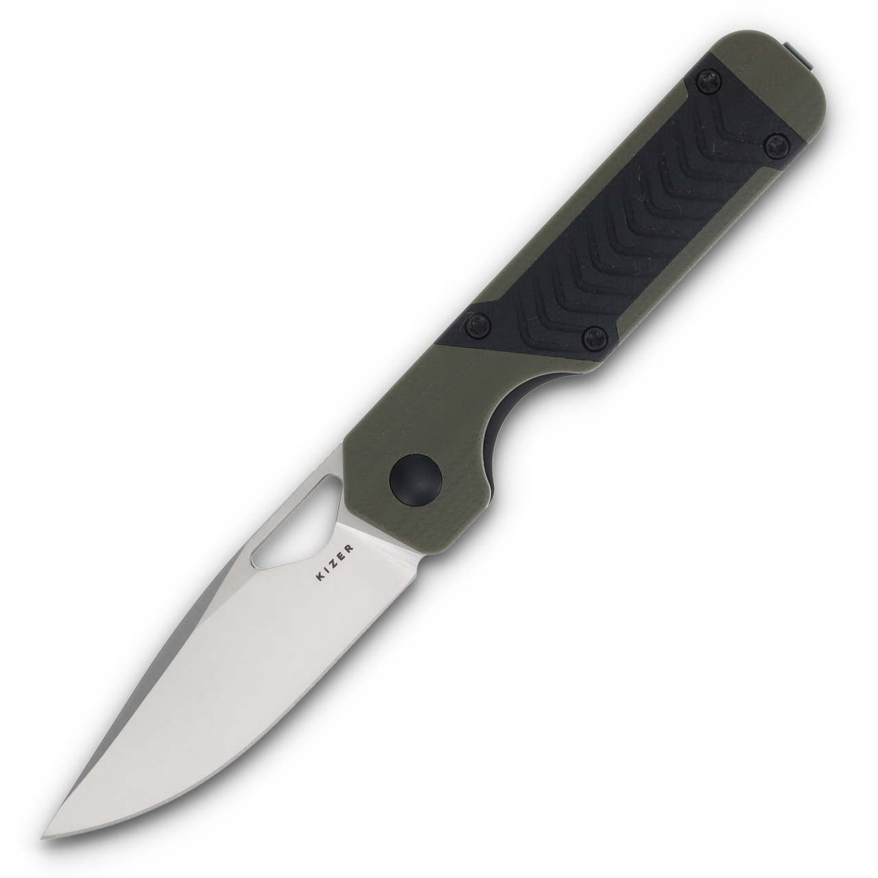 Kizer Mini Militaw Green and Black 2.82 Inch Plain Satin Drop Point Front Open 1