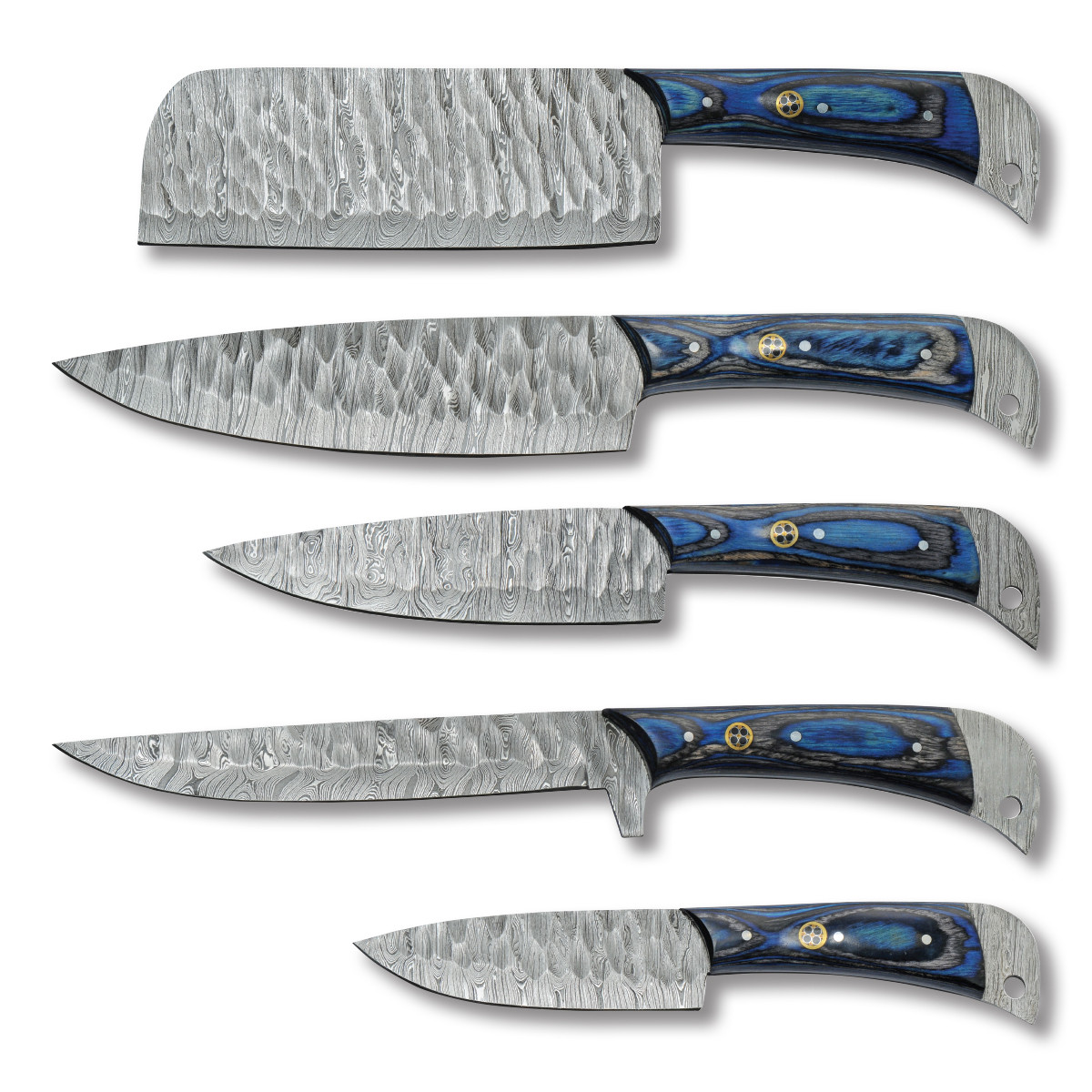5PC Umbra River Chef Roll Hammered Damascus Blades Blue Pakkawood Handles