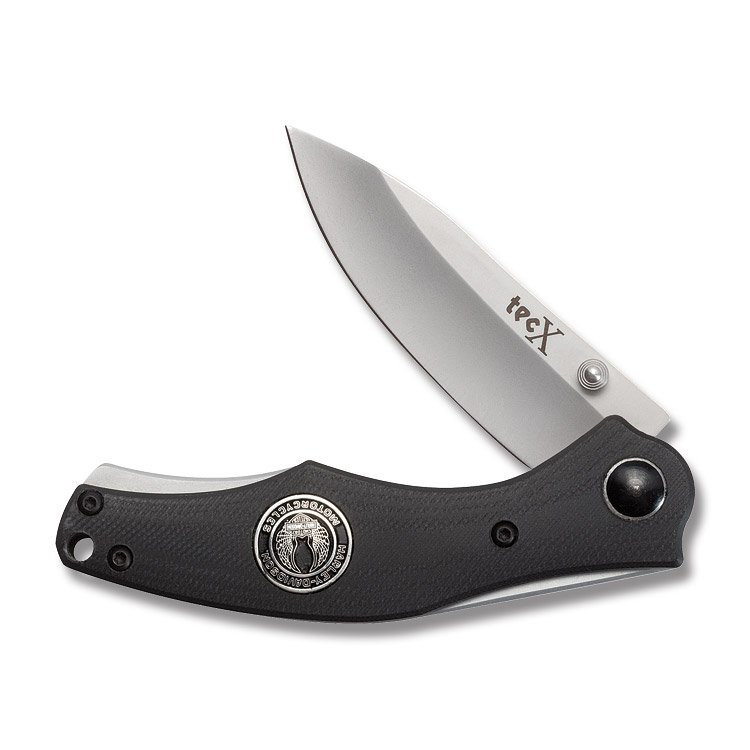 Tec-X H-D AO Framelock Folding Knife Black G-10 open front view