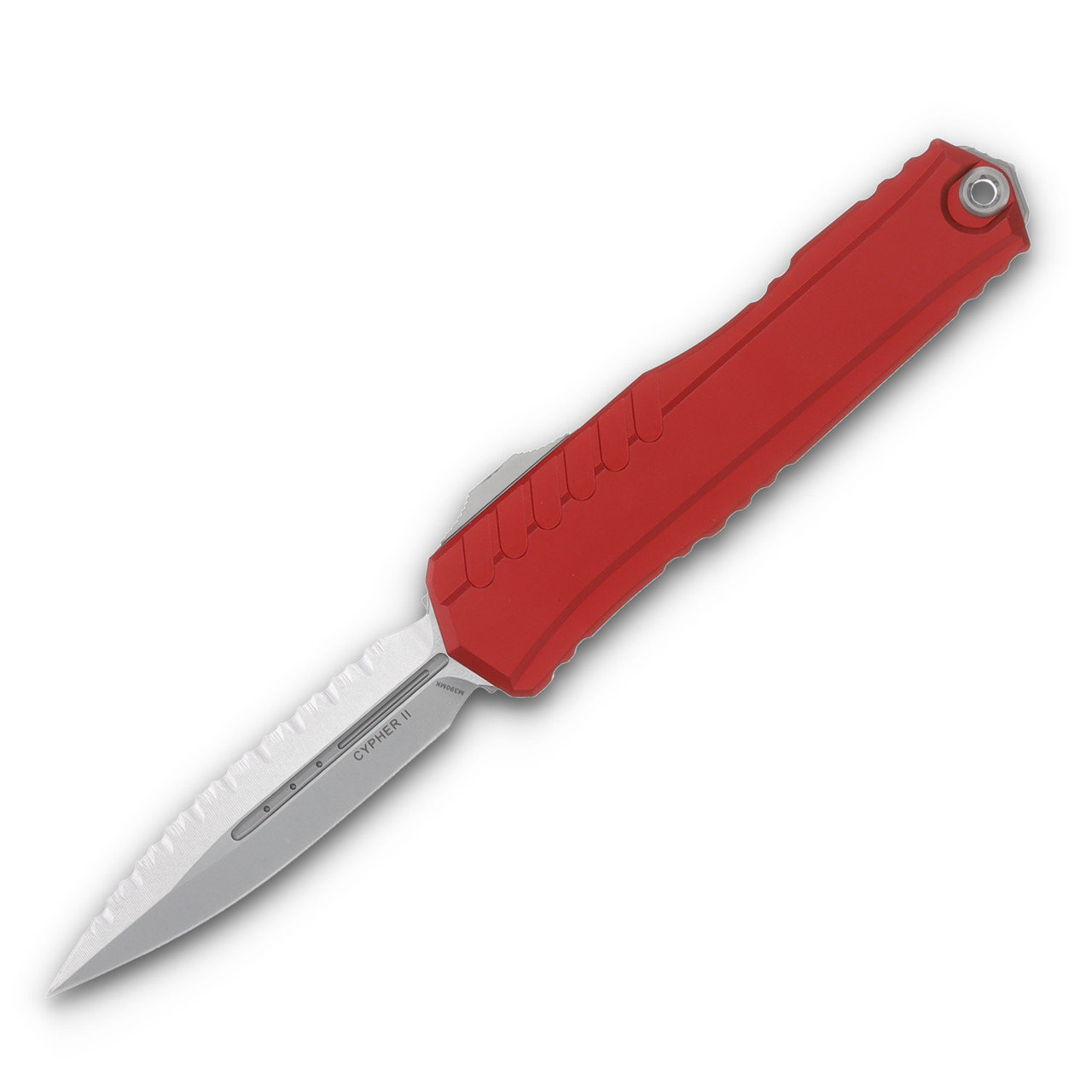 Microtech Cypher II D/E Stonewash Full Serrated Red Aluminum