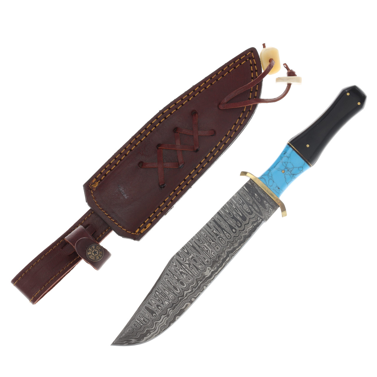 SZCO Supplies Turquoise Horn Bowie 6.87in Damascus Clip Point Blade DM1149