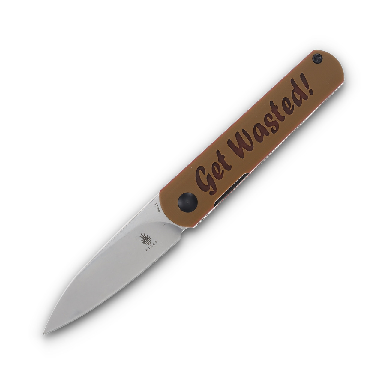 Kizer Feist "Get Wasted" Brown Double Layer G-10 Handle Stonewashed Nitro V Blade
