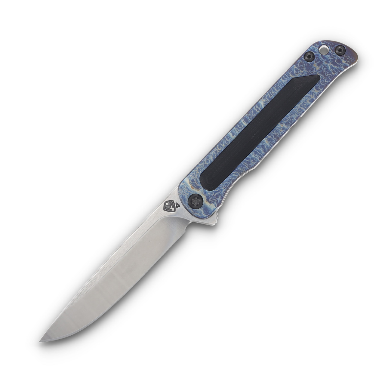 Medford T-Bone Blue Acid Etch 4in Plain Tumbled Drop Point Flamed Hardware Front Open 1