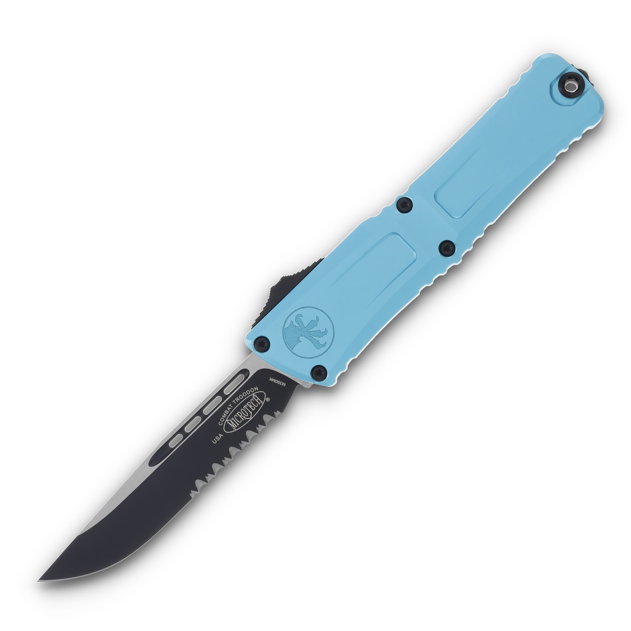 Microtech Combat Troodon Gen III Turquoise OTF Black Part Serrated Blade