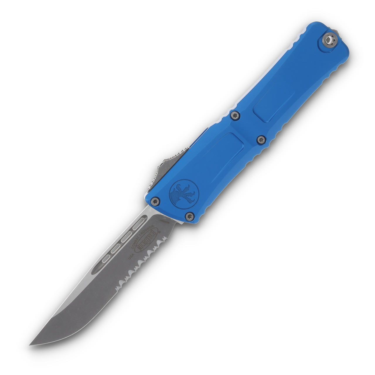 Microtech Combat Troodon OTF Gen III Apocalyptic Half Serrated Drop Point Blue