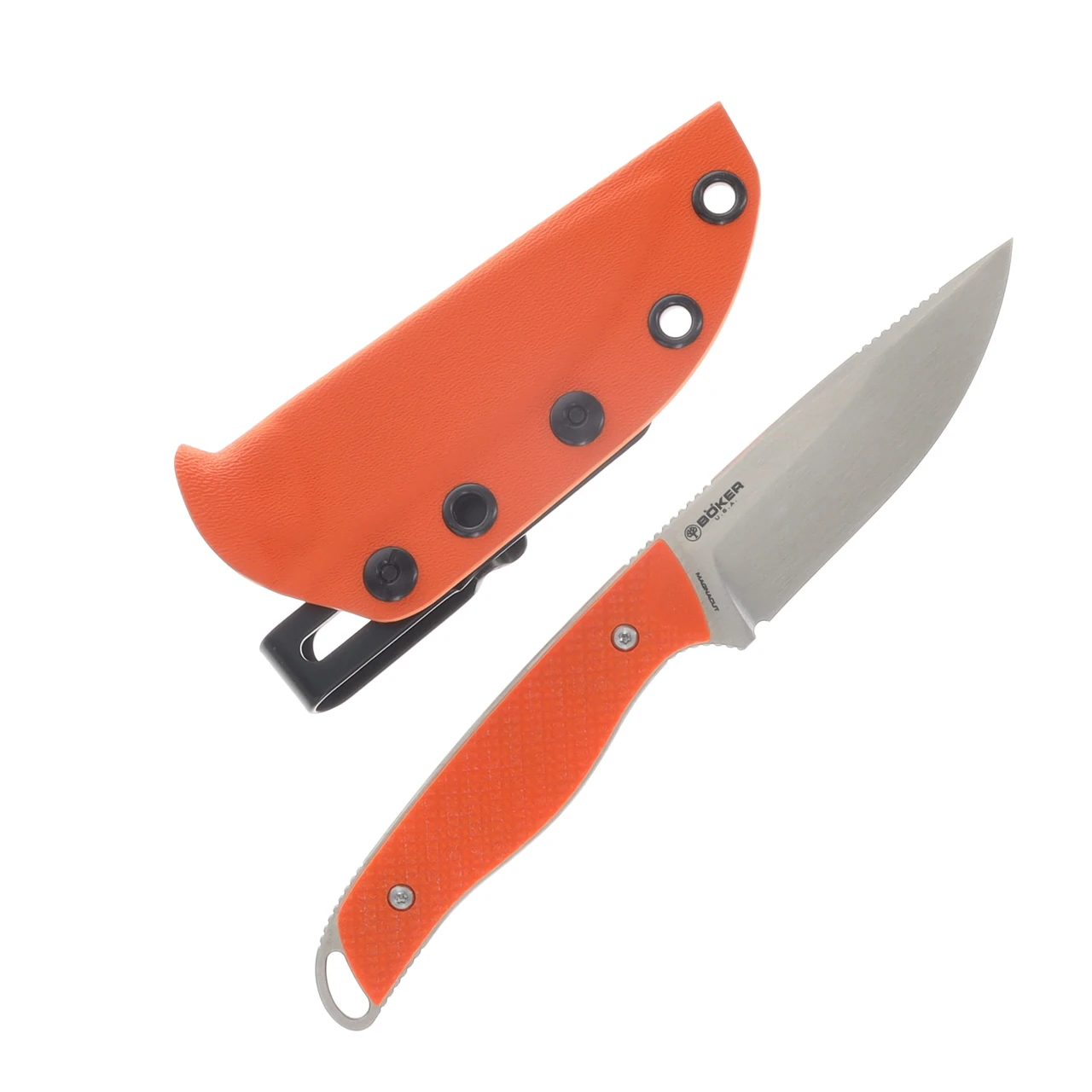 Boker USA Backcountry Fixed Blade Knife Brushed Magnacut/Orange G-10 with Kydex Sheath BK02BU0001
