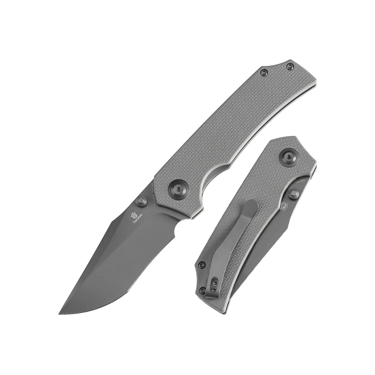 Tenable Knives Fermi Light Sand 3.11 Inch Plain Gray TiNi Clip Point Open and Closed