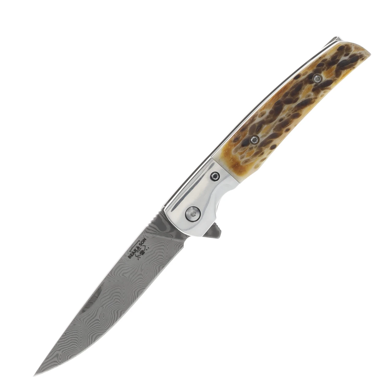 Bear & Son Rancher India Stag Bone 3.37 Inch Plain Damascus Drop Point BR521D