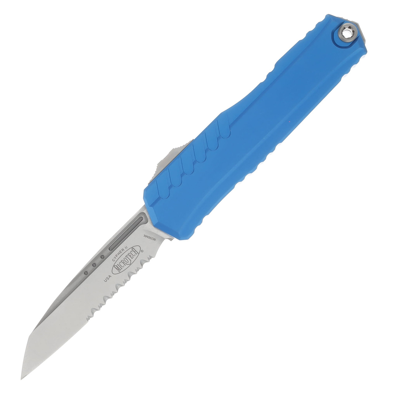 Microtech Cypher II OTF Auto Knife Blue Al 3.5in SW Partial Serrated Blade AUMT124111BL