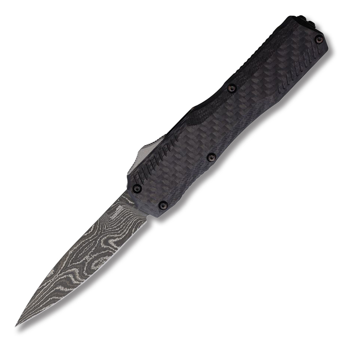 Kershaw Auto Livewire Black Aluminum Handle with Carbon Fiber Top Black Damascus Spear Point Blade AUKS9000CFDAM