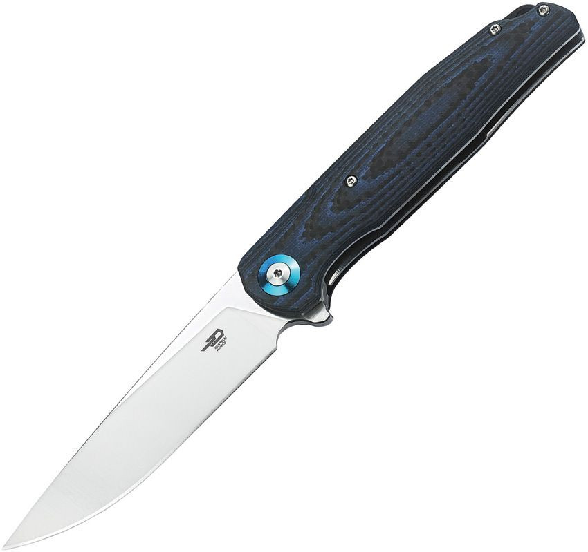 Bestech Knives Ascot Folding Knife Blue CF-G10 3.82in Satin Drop Point Blade BG19C
