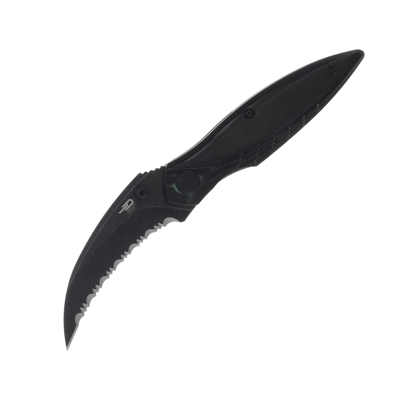 Bestech Knives Mantidae Folding Knife Black Stonewash Serrated 14C28N Hawkbill/Black Micarta BG60F