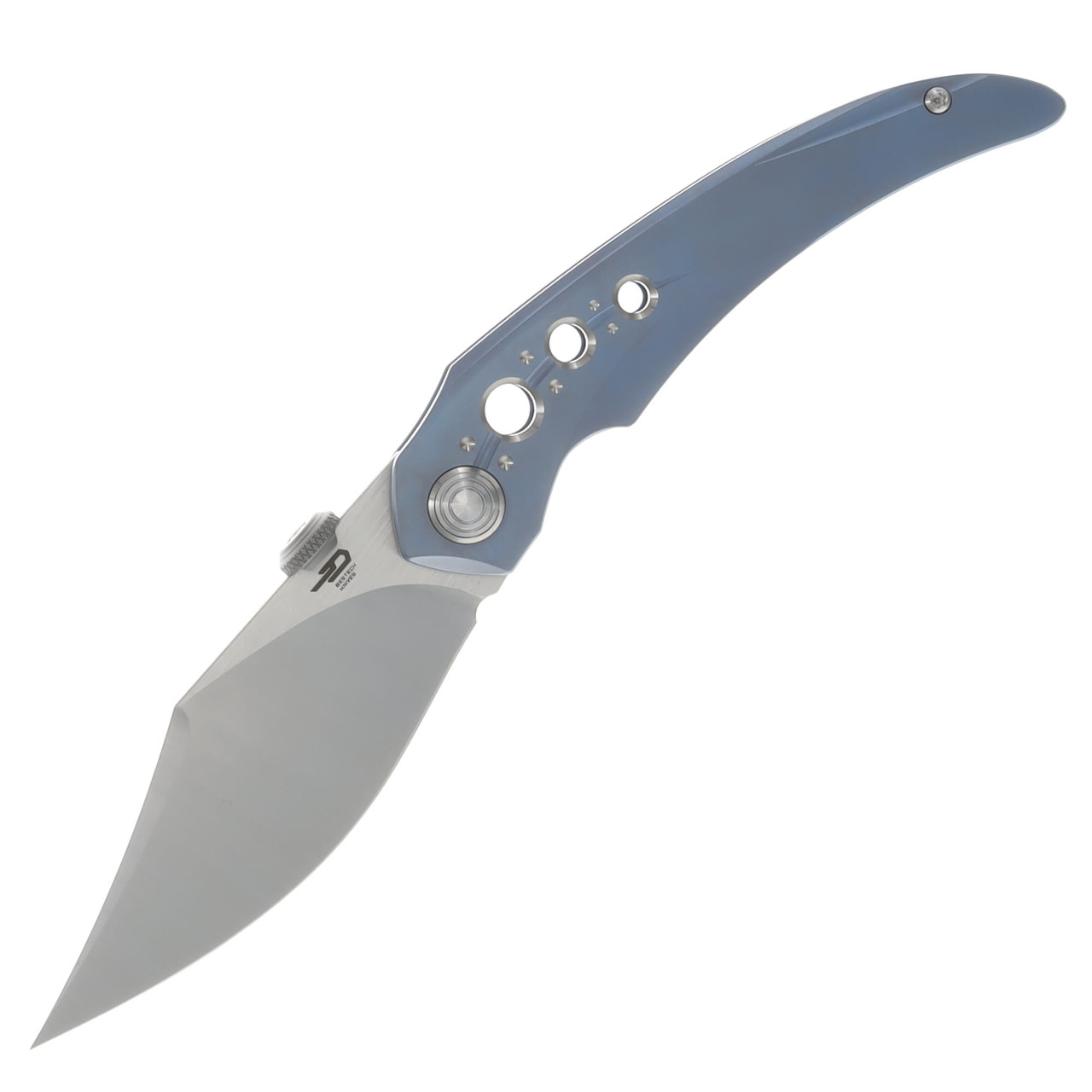 Bestech Knives Razon Folding Knife Blue Titanium 3.87in Satin Bowie Blade BT2406A