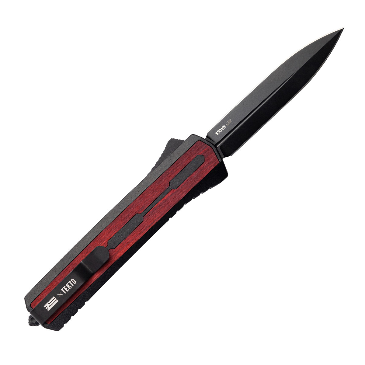 Tekto A7 Zastava OTF Automatic Knife Black S35VN Dagger/Red Wood