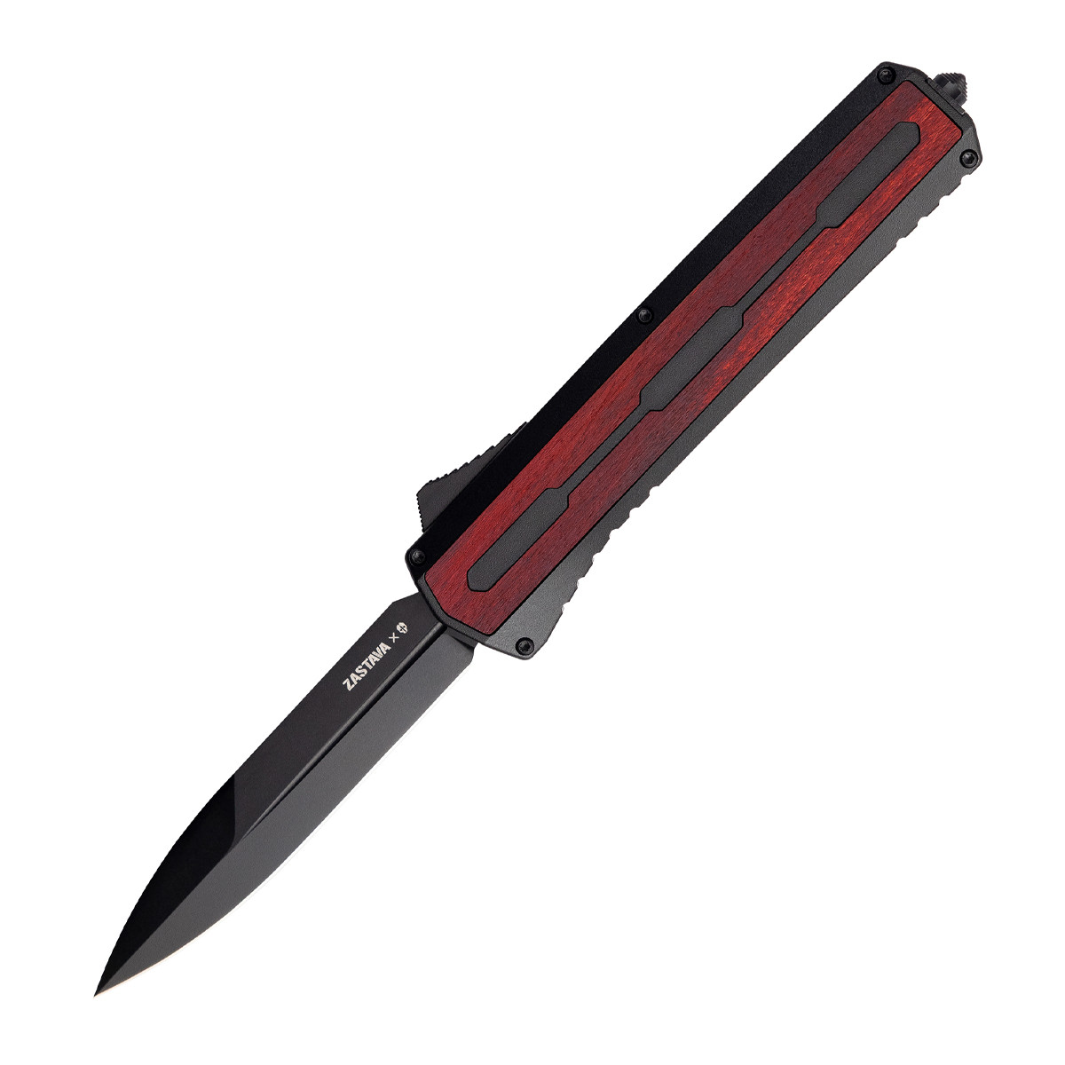 Tekto A7 Zastava OTF Automatic Knife Black Coated Spear Point Red Wood with Black Accents AUTKA7R-T6WRD-S35BK4-A1