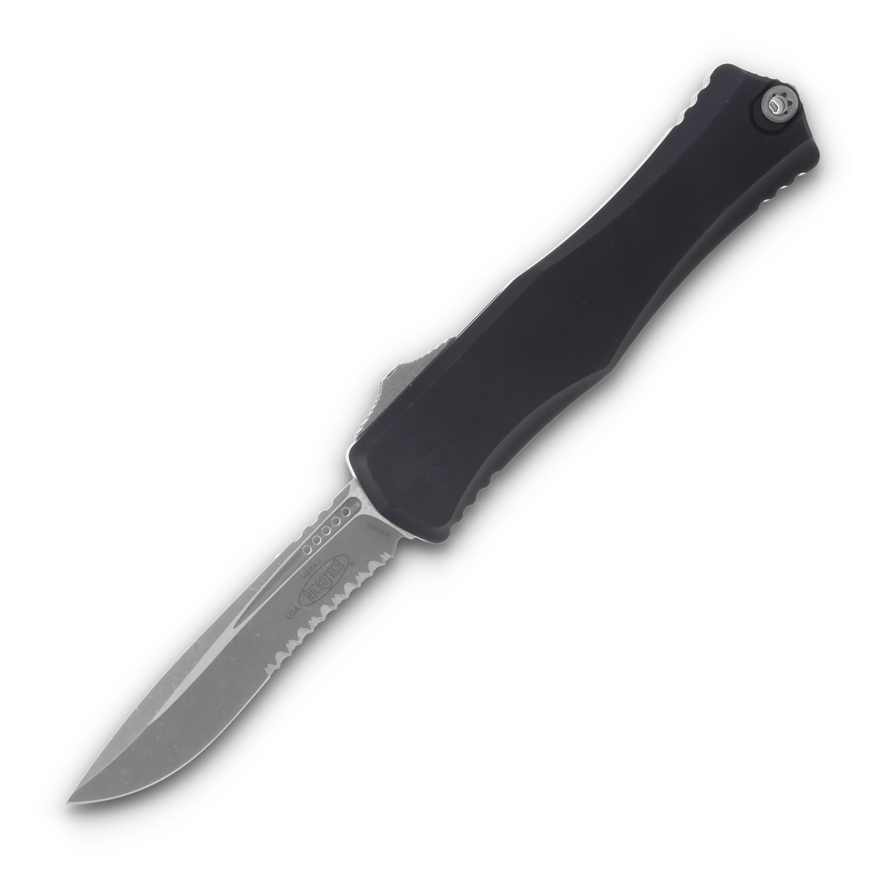 Microtech Hera II OTF Auto Knife Black 4in Apocalyptic Part Serr Recurve Blade