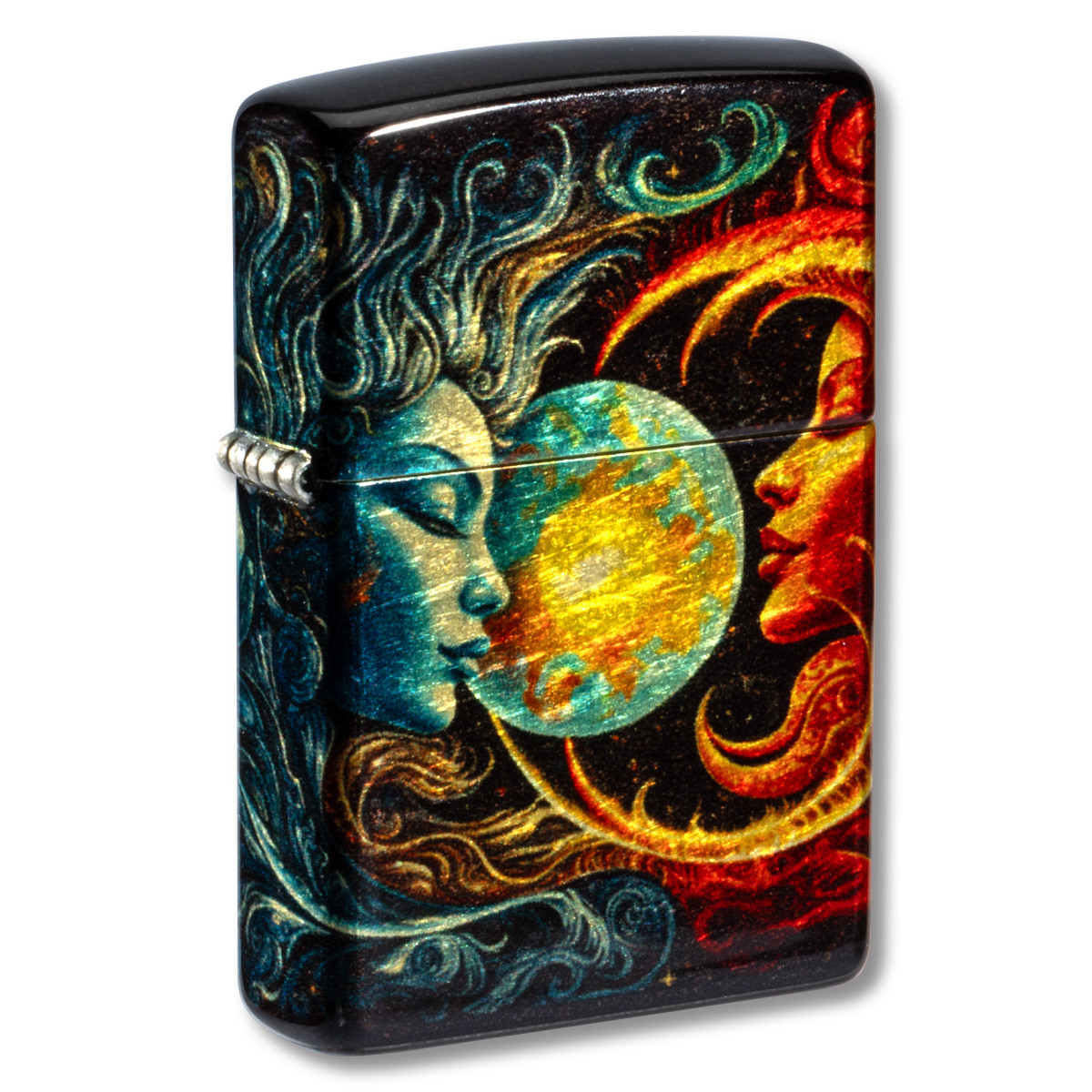 Zippo Lighter 540 Spiritual Sun and Moon Design Tumbled Brass Front 1