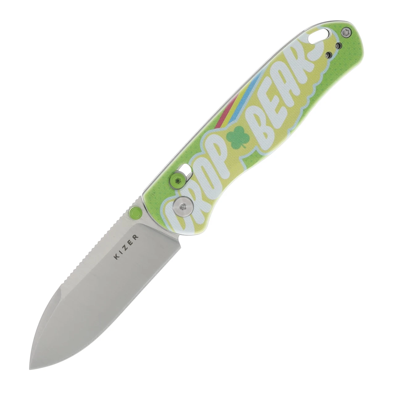 Kizer Drop Bear Lucky Green SMKW Exclusive 2.99in Plain Satin Drop Point Front Open 1
