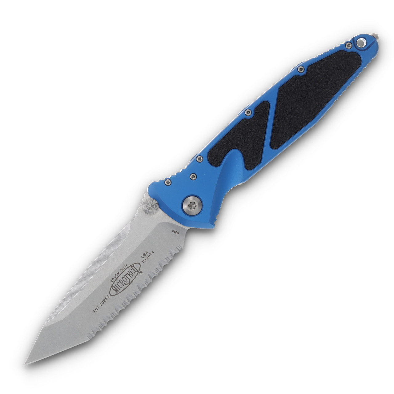 Microtech Socom Elite Folding Knife Blue 4.0in Stonewash Full Serr Tanto MT16112BL