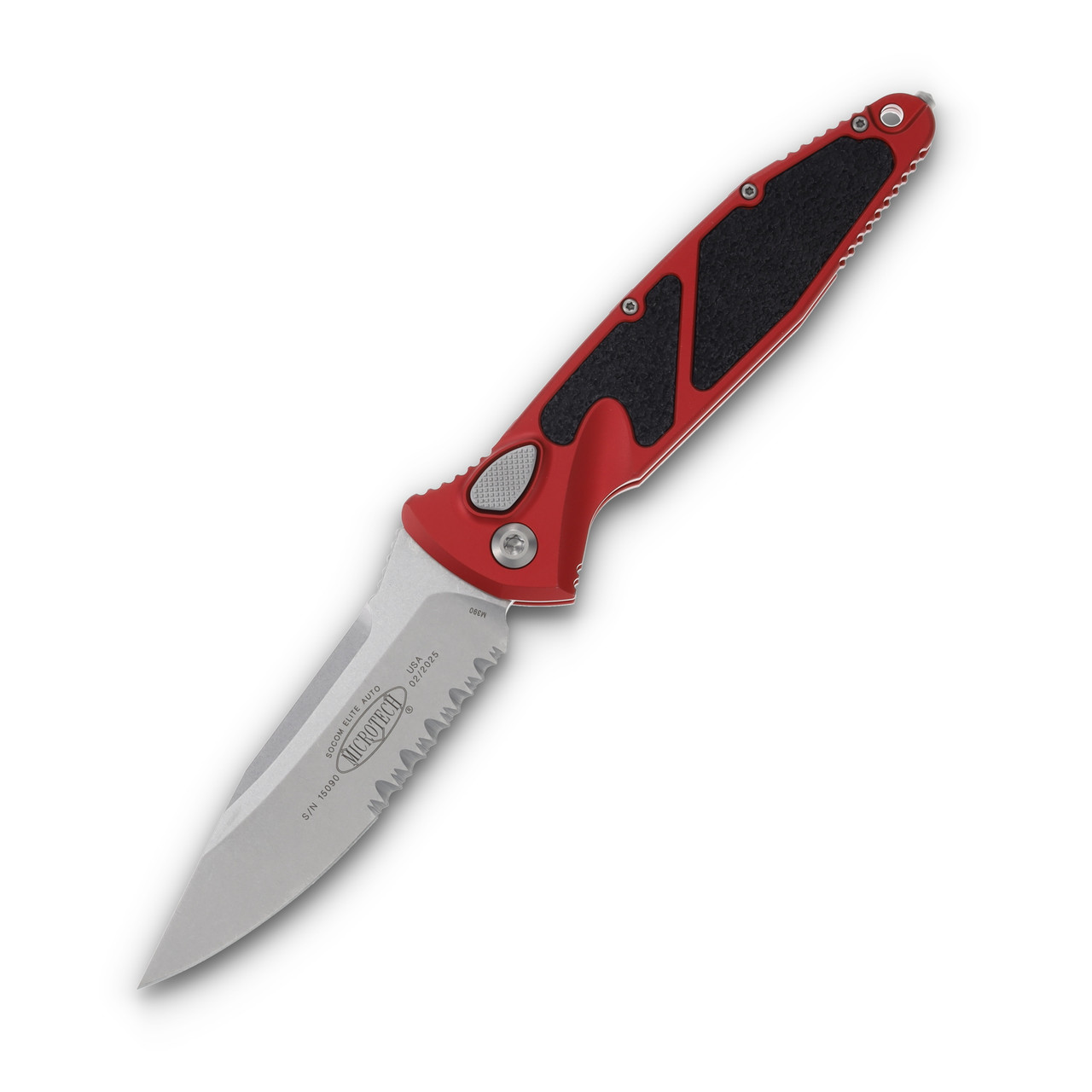 Microtech Knives Socom Elite Auto Red 4.05in Stonewash Part Serr Clip Point AUMT160A11RD