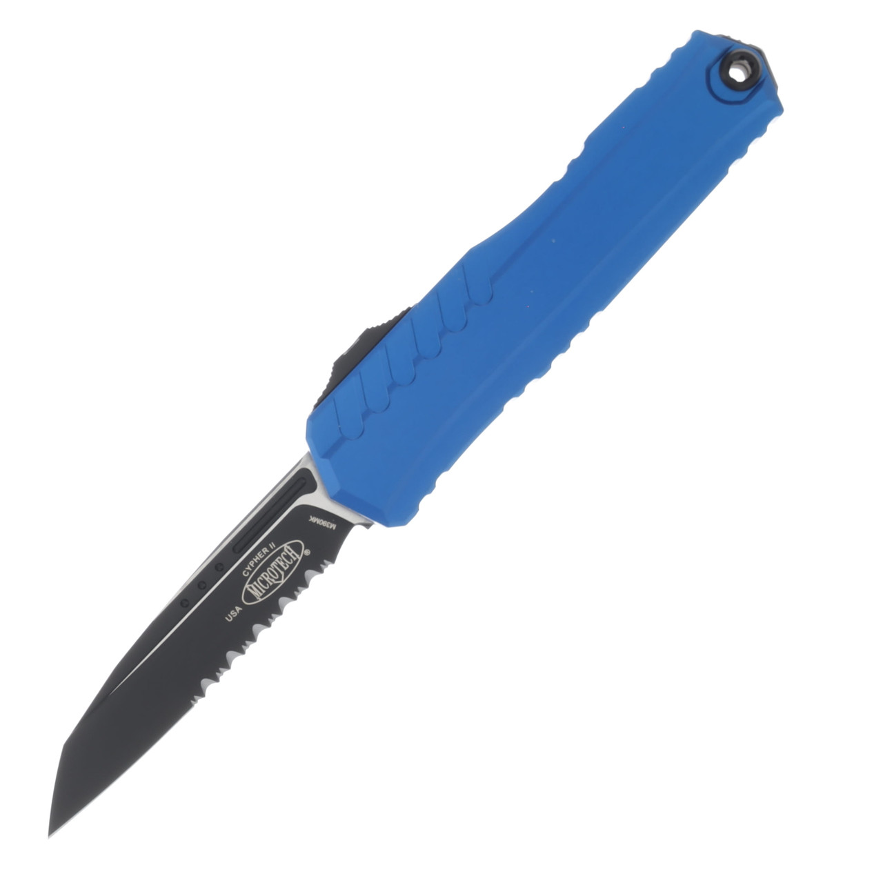 Microtech Knives Cypher II OTF Auto Blue 3.5in Part Serr Black Wharncliffe AUMT12412BL
