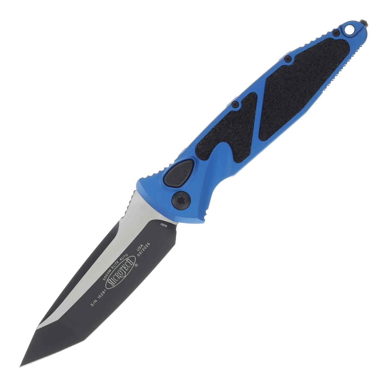 Microtech Knives Socom Elite Auto Blue 4.05in Plain Black Tanto Blade AUMT161A1BL