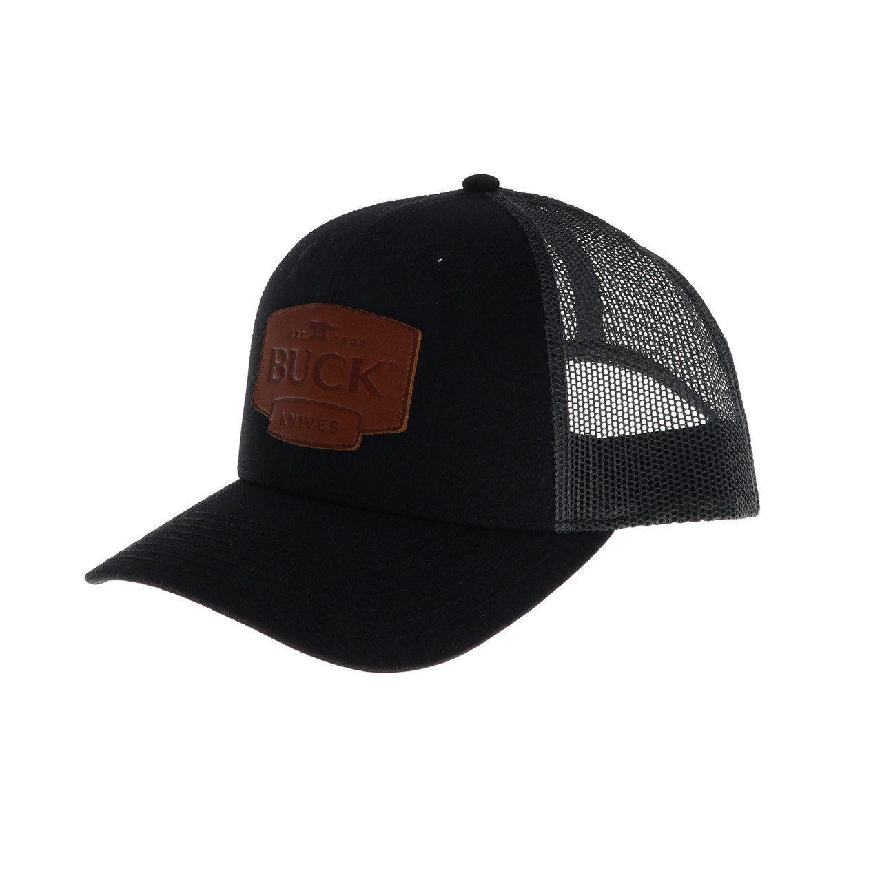 Buck Leather Patch Mesh Snapback Black Hat BU89184