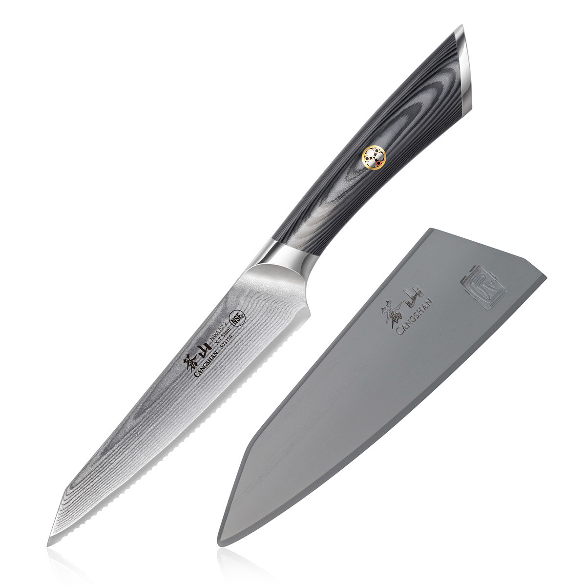 Cangshan Naka Series Utility Knife 6in Serr Damascus Modified Wharncliffe 503114