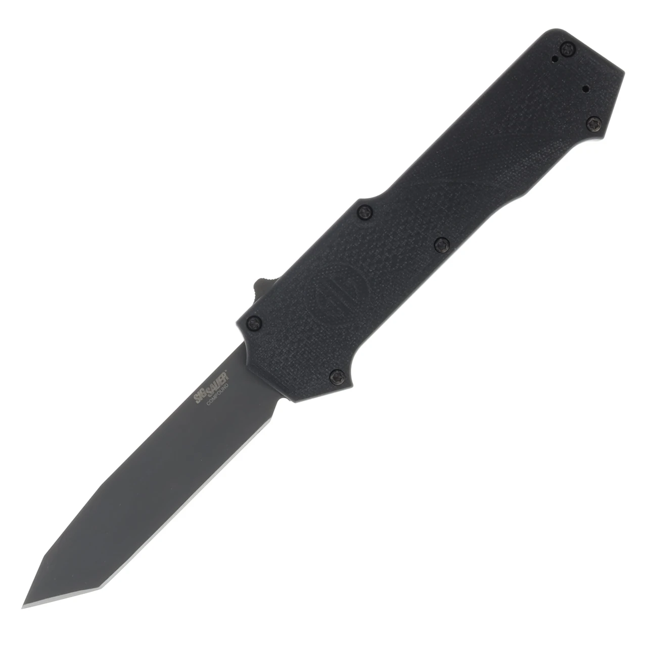 HOGUE Compound 3.5" Sig Tactical Out the Front Automatic Tanto Blade Grey Finish - G10 Solid Black - Sig Medallion AUHG36022