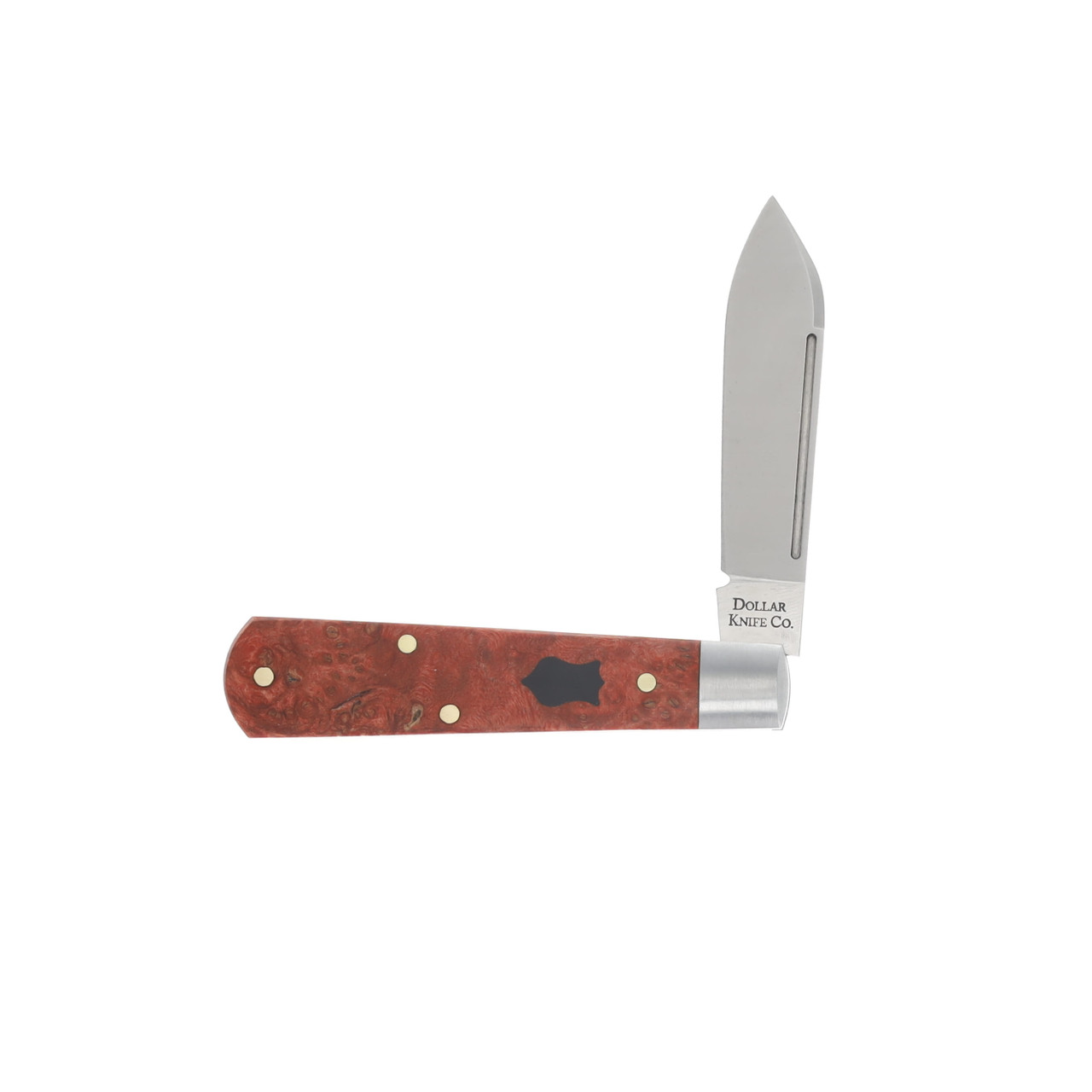 Dollar Knife Co. Barlow Folding Knife Red Burl Maple - Black Shield Open 1
