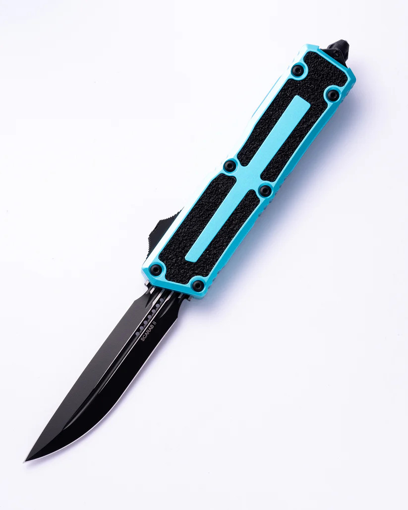 Microtech Scarab II Gen III D/E OTF Knife Turquoise 3.95in Black Drop Point