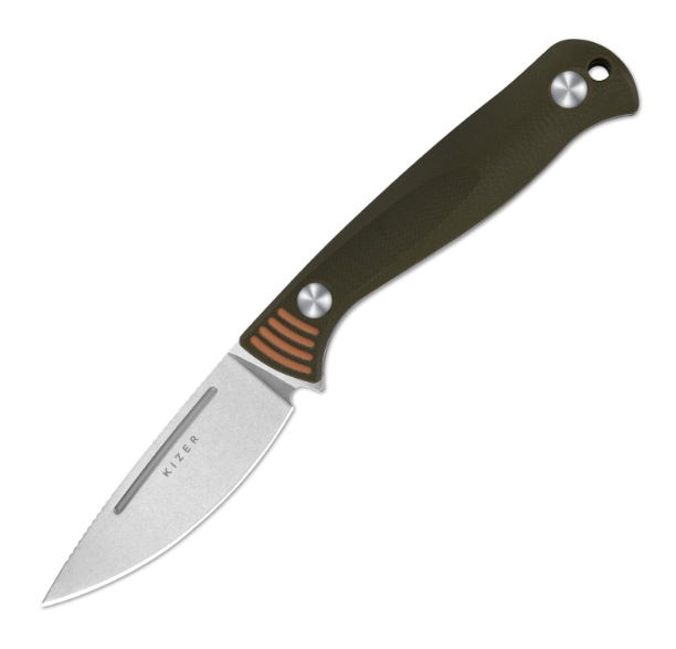 Kizer Evenki 1 Orange – Green 2.98 Inch Plain Stonewash Drop Point
