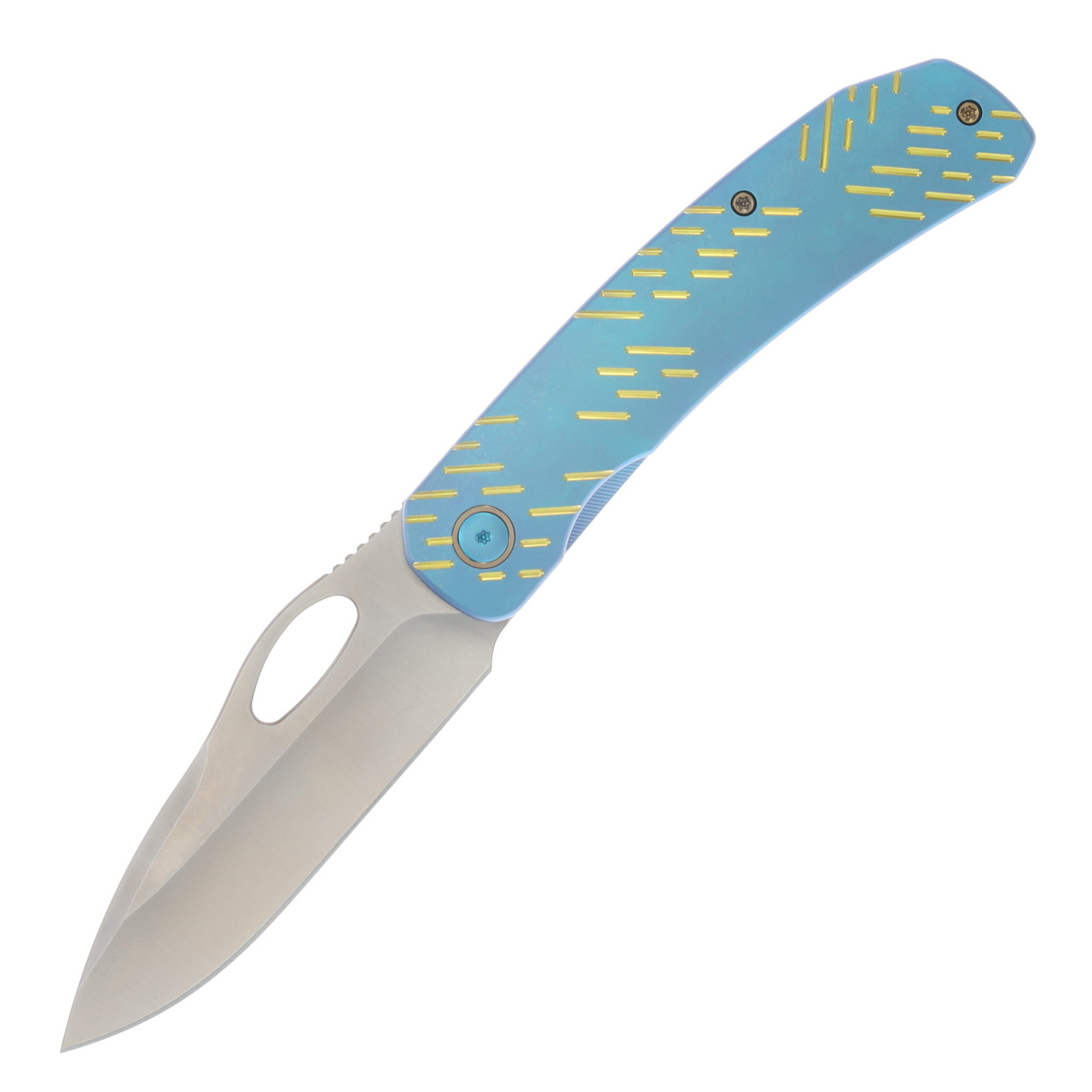 We Knife Co Inmate Blue Titanium Handle With Golden Raindrops Satin CPM 20CV Blade WE23096B-3