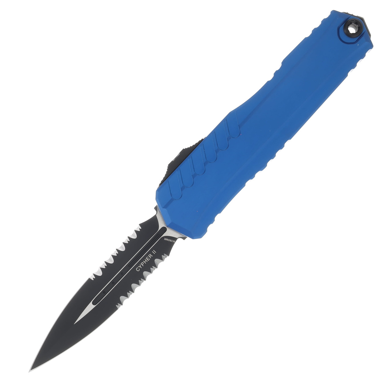 MICROTECH CYPHER II D/E BLACK PART SERRATE BLUE