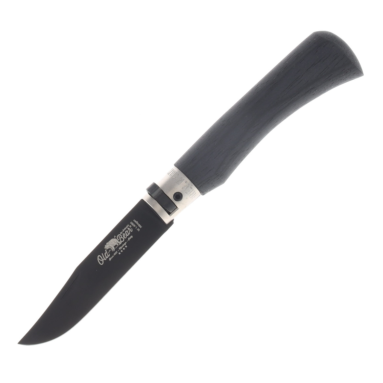 Antonini Knives Old Bear Classical Folding Medium Black Laminated Wood Handle Black PTFE Coated Stainless Steel Blade Nickel Plated Collar 1 9303/19_MNK