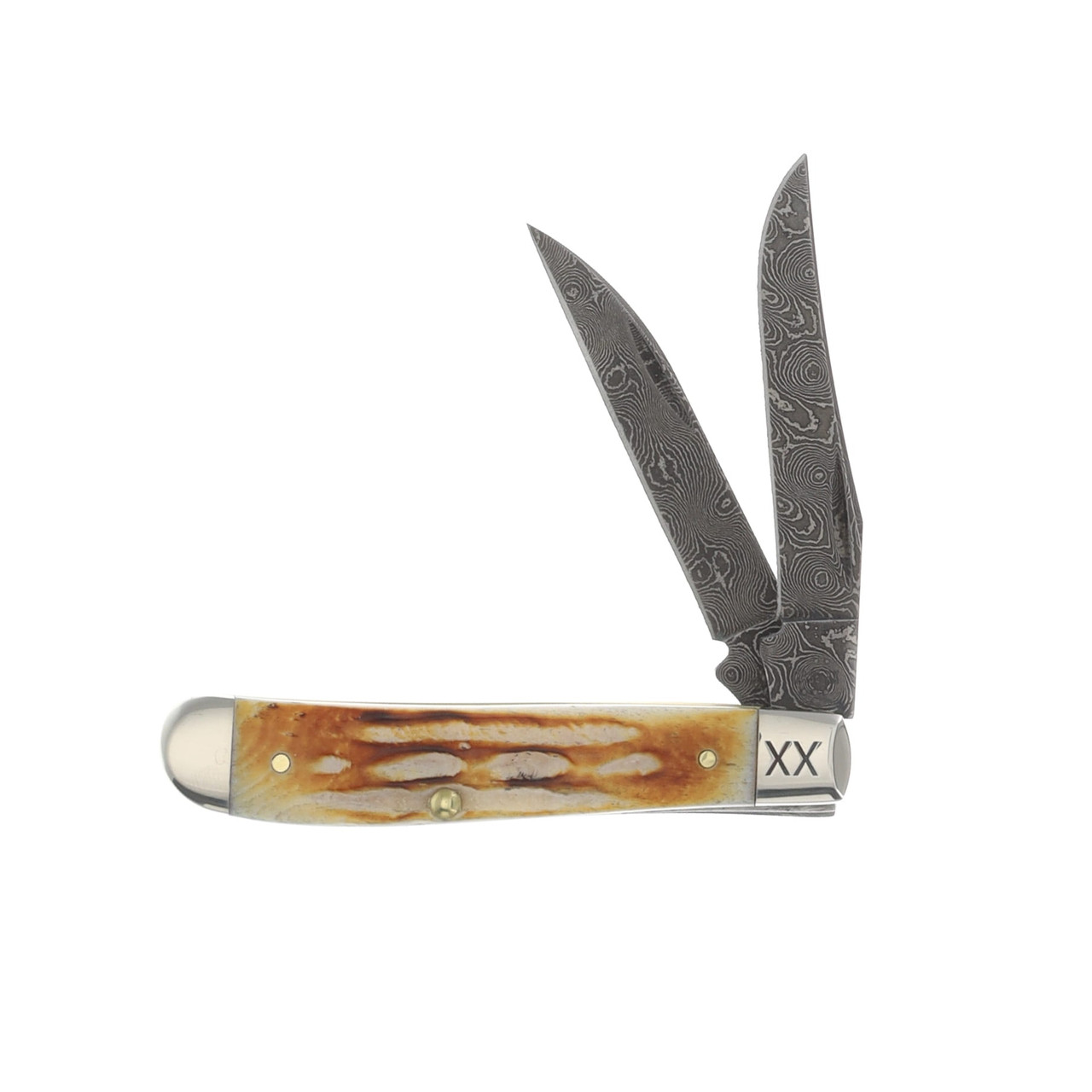 Case XX Burnt Natural Bone Deep Canyon Jigged Damascus Mini Trapper Folding Knife CA27233