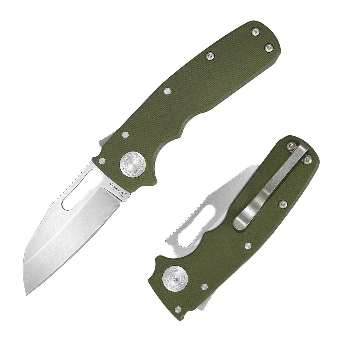 Demko Knives Shark Cub OD Green 2.5 Inch Plain Satin Shark Foot Open and Closed