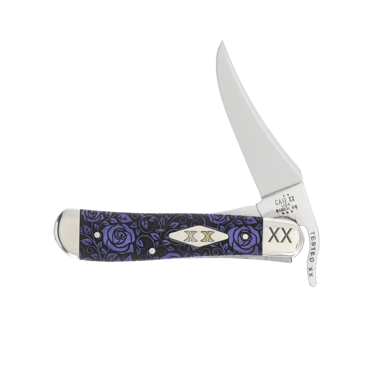Case XX Special Edition Ultraviolet Bone Rose-Patterned with Engraved Bolsters RussLock Folding Knife CA12507R