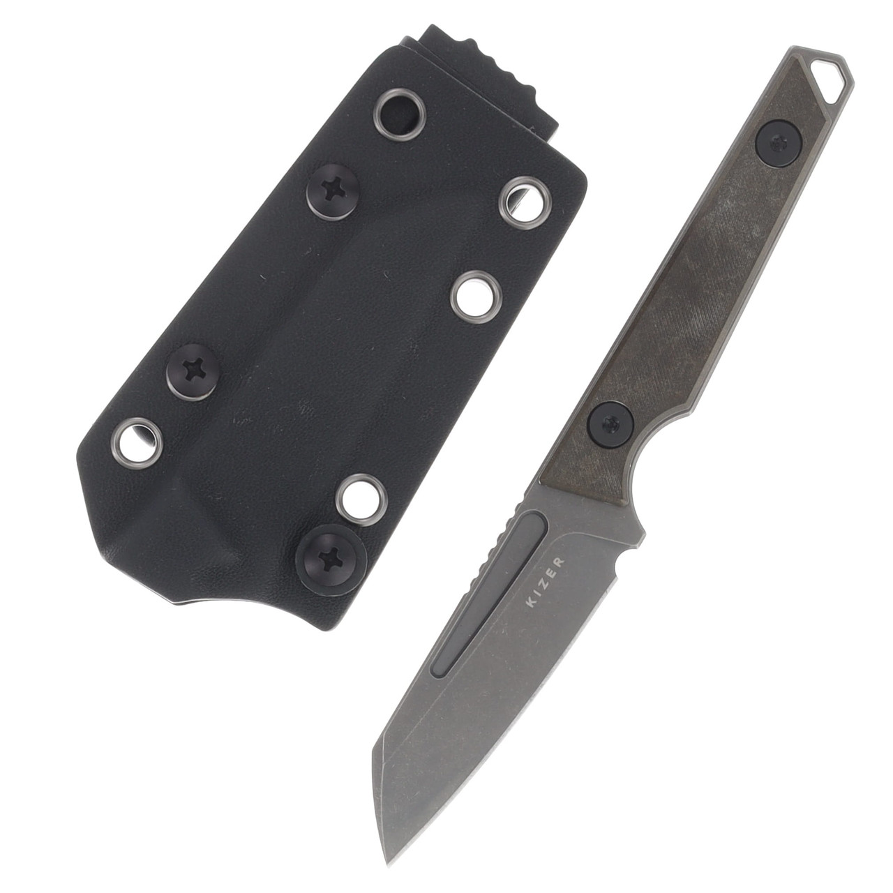 Kizer Phasmids Fixed Knife Chocolate Glacier Richlite Handle 2.79in Gray Stonewashed AEB-L Sheepsfoot Blade 1079A2