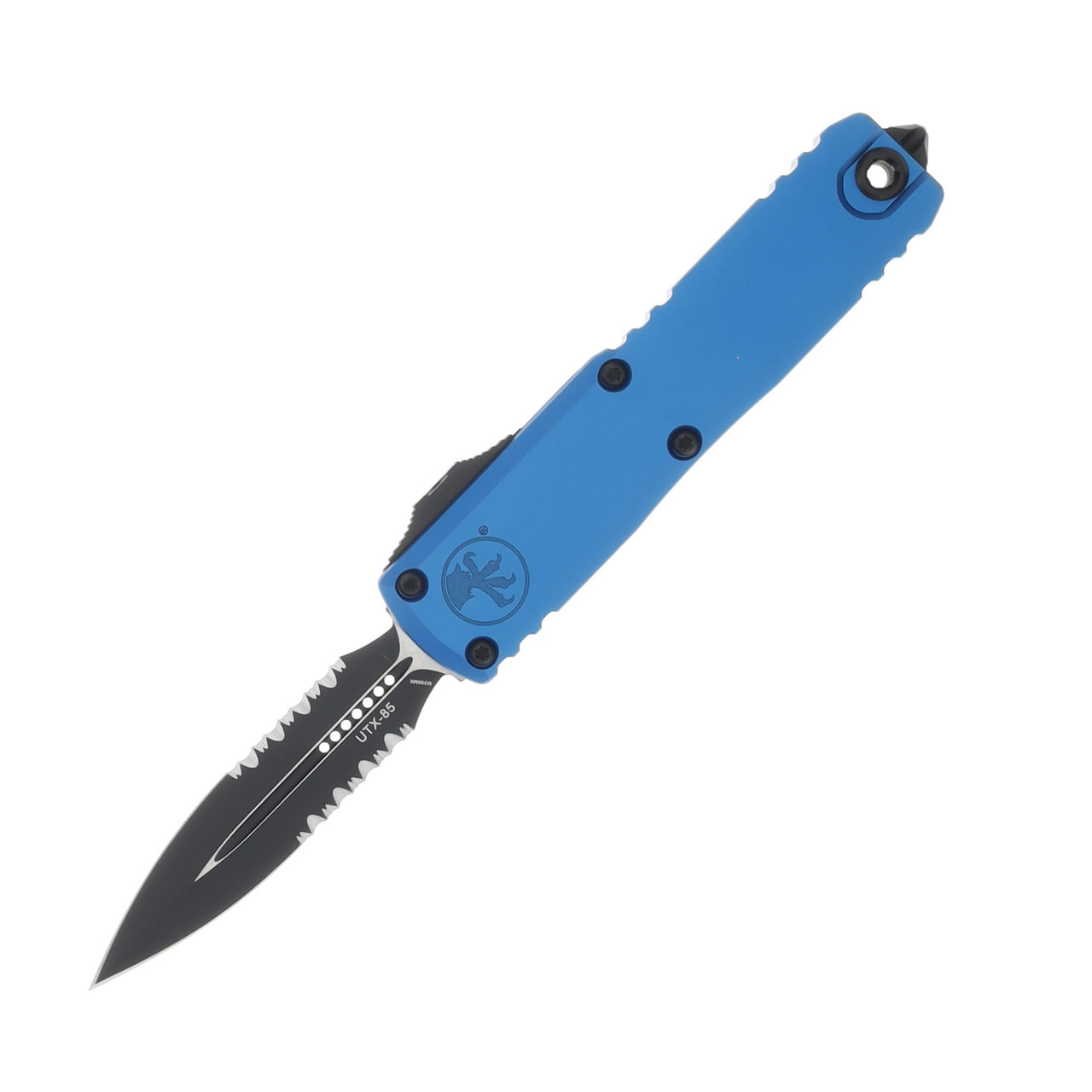 MICROTECH UTX-85 GEN III OTF AUTO BLUE ALUMINUM HANDLE 3.10IN D-E BLACK PART SERRATE BOHLER M390MK DAGGER BLADE AUMT12322BL