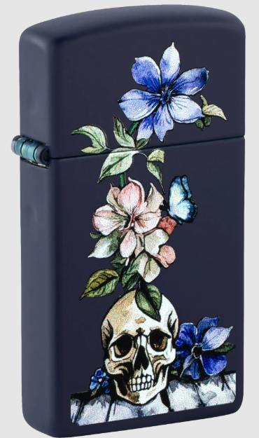 Zippo Lighter Skull and Flower Slim Navy Matte