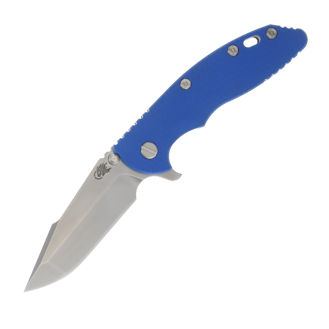 Hinderer XM-18 Folding Knife Blue 3.5in Plain Stonewash Harpoon Spanto Front Open 1