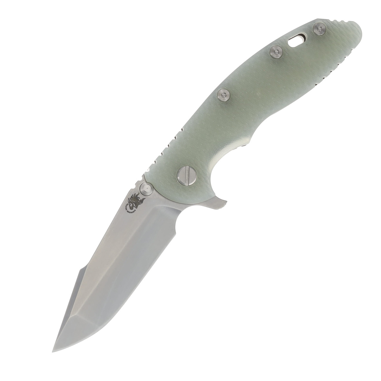 Hinderer XM-18 Translucent Green – Bronze 3.5in Plain Stonewash Harpoon Spanto Front Open 1