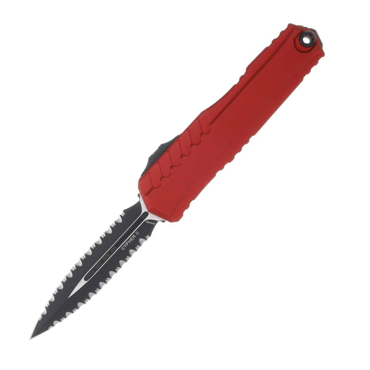 Microtech Cypher II OTF Auto Red Handle D-E Black Full Serrated Blade AUMT1242D3RD