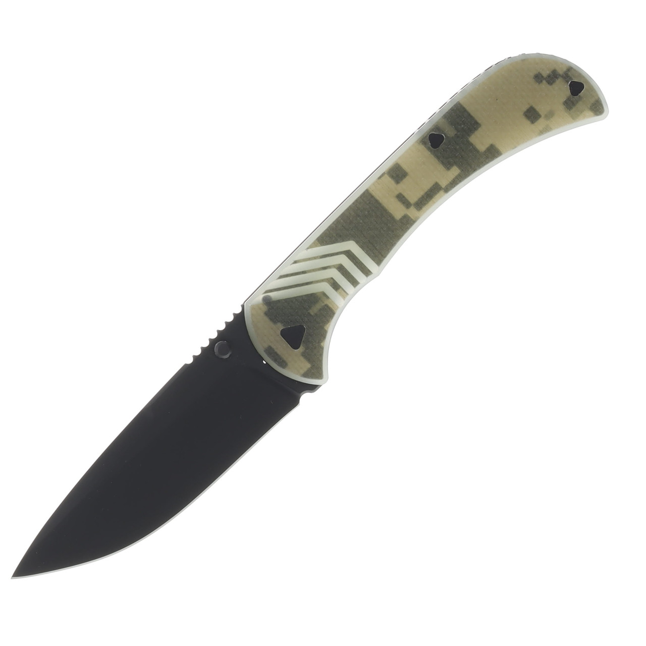 Half Face Blades Cav Folder - Universal Camouflage Pattern (UCP) G10, Armor black Cerakote Blade, Textured Grip, TI Frame HFCAVFLDUNICAMO