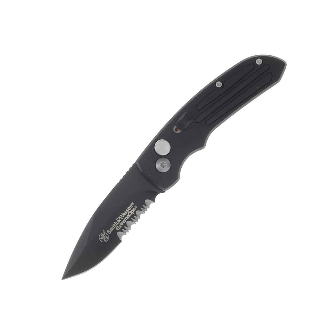 Smith & Wesson ExtremeOps Jr. Push Button OTS Auto Knife-Drop Point Partial Serrated Blade-All Black WNS-WSW-40BS
